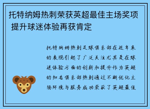托特纳姆热刺荣获英超最佳主场奖项 提升球迷体验再获肯定